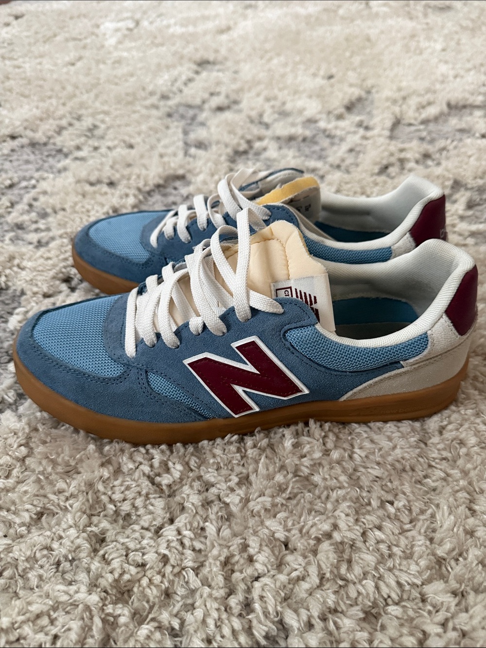 New Balance Men's Blue Suede & Mesh Sneakers with Burgundy 'N' and Gum Sole